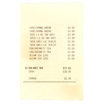 British supermarket receipt bill with prices in Pounds (GBP)