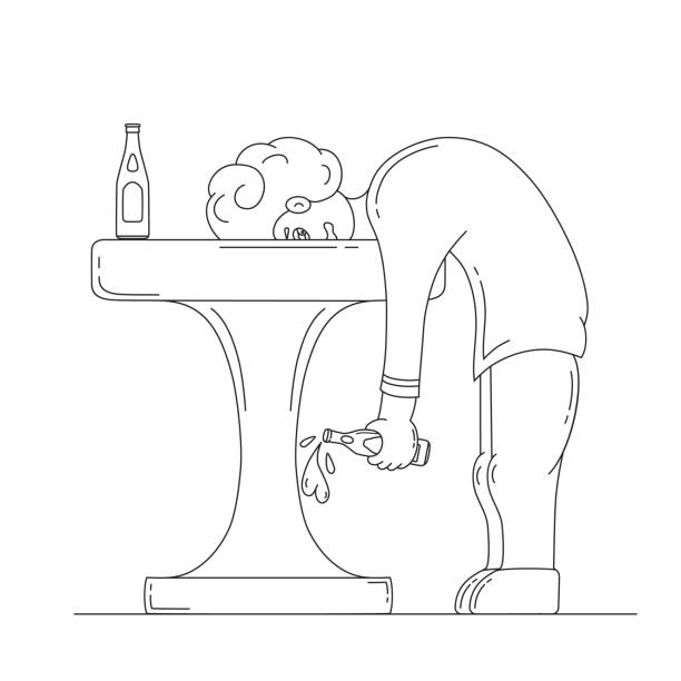 ilustrações, clipart, desenhos animados e ícones de engraçado homem bêbado dormindo cara na barra de tabela. bêbado, derramar cerveja de garrafa. ilustração de caricatura vetor isolado. - alcohol drop cartoon cheerful