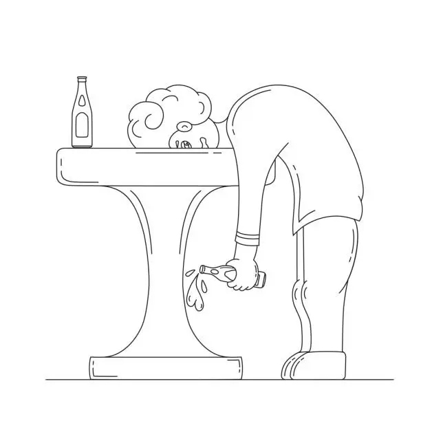 Vector illustration of Funny drunken man sleeping face on the bar table. Drunkard spilling beer from bottle. Vector isolated caricature illustration.