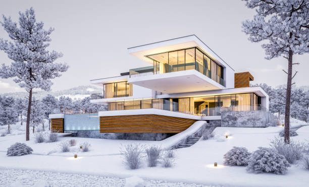 istock 3d rendering of modern cozy house by the river in winter evening 1043166054