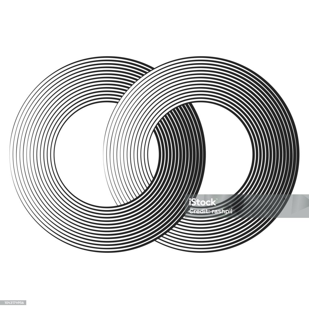 abstract halftone intersected rings black concentric lines with different thickness that makes a two intersected rings. abstract halftone geometric shapes. suitable for logo, product branding etc. Merging stock vector