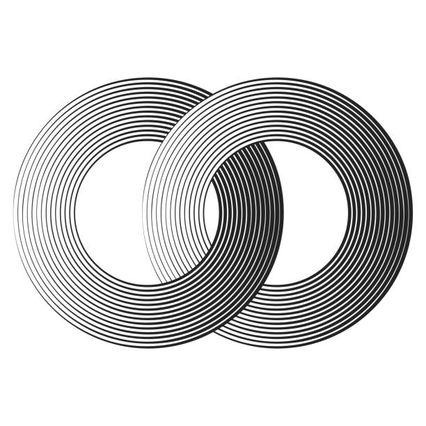 abstract halftone intersected rings black concentric lines with different thickness that makes a two intersected rings. abstract halftone geometric shapes. suitable for logo, product branding etc. parallel stock illustrations
