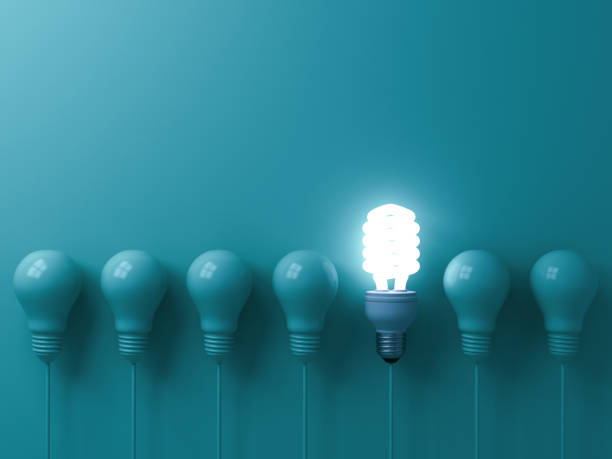 istock One hanging eco energy saving light bulb glowing and standing out from unlit incandescent bulbs on green pastel color wall background  leadership and different creative idea concepts 3D rendering 1043175290