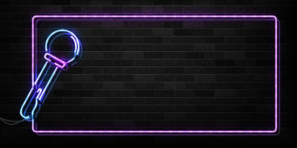 Vector realistic isolated neon sign of microphone frame logo for decoration and covering on the wall background. Concept of night club, live music and karaoke bar. Vector realistic isolated neon sign of microphone frame logo for decoration and covering on the wall background. Concept of night club, live music and karaoke bar. microphone borders stock illustrations