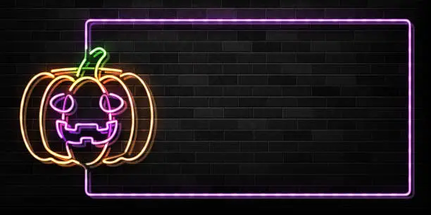 Vector illustration of Vector realistic isolated neon sign of pumpkin frame logo for decoration and covering on the wall background. Concept of Happy Halloween.