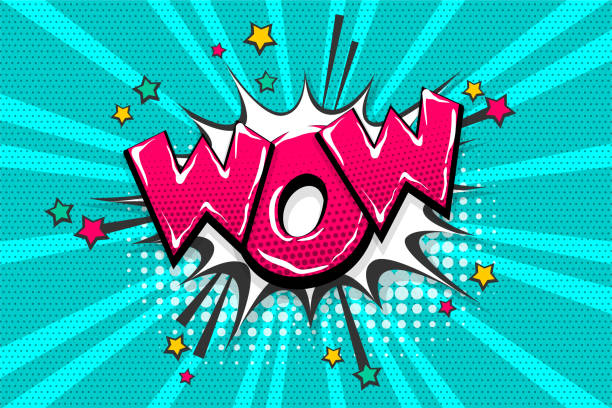 pop art comic book text speech bubble Wow amazing magic comic text speech bubble. Colored pop art style sound effect. Halftone vector illustration banner. Vintage comics book poster. Colored funny cloud font. speechless quotes stock illustrations