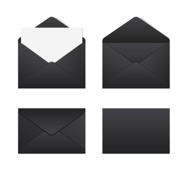 Black envelope Mockup realistic black envelopes. vector illustration on white background. open letter icon stock illustrations