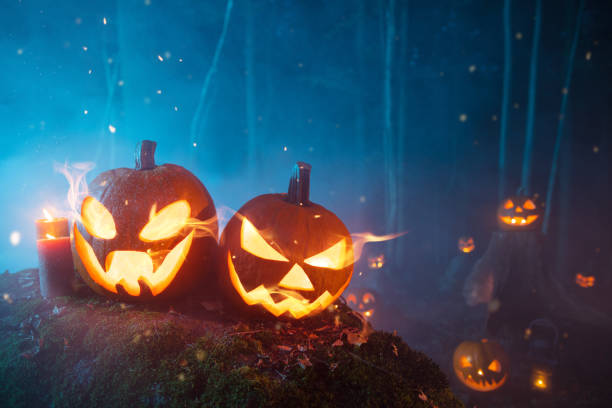 istock Spooky halloween pumpkins in forest 1043190542