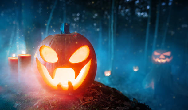 istock Spooky halloween pumpkins in forest 1043190556