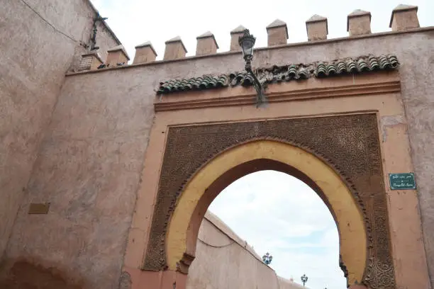 The Bab Agnaou Gate was built by the Almohads and still serves as a passageway. By crossing it, one can access the  Kasbah district. Marrakesh, Morocco.