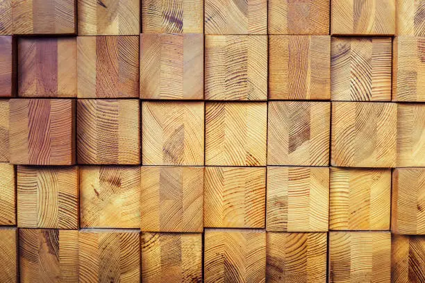 Decoration wooden blocks background patterrn. Interior from wooden beams