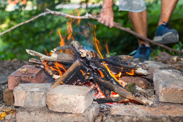 istock Man breaking the branch to get fire for the grill. 1043202828