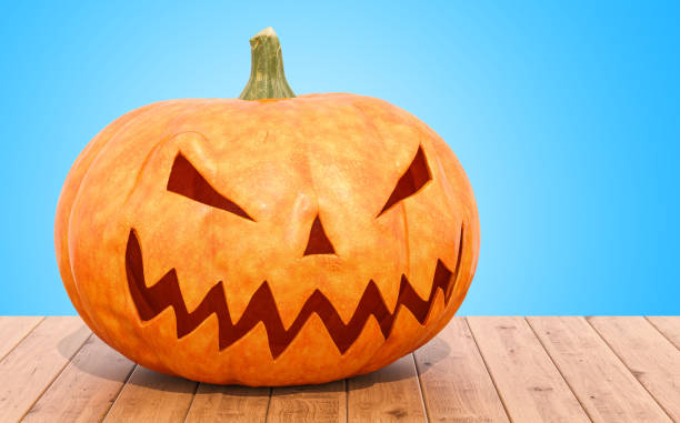 istock Halloween Pumpkin on the wooden table, 3D rendering 1043205510