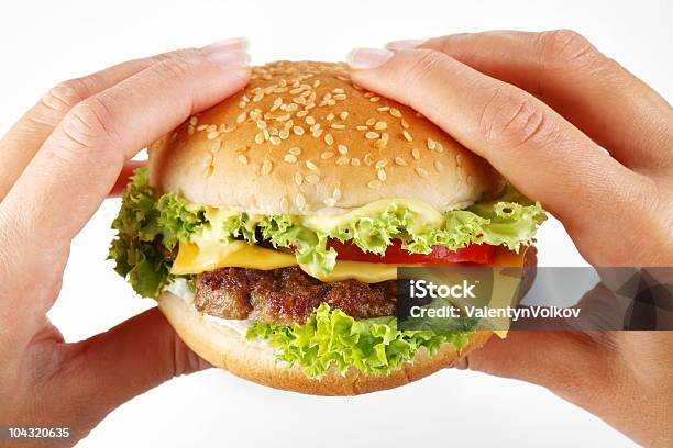 Mãos Segurando Uma Cheeseburger - Fotografias de stock e mais imagens de Mão Humana - Mão Humana, Fundo Branco, Hambúrguer