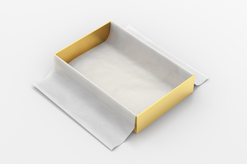 Golden gift box mockup on white background with unfolded white wrapping paper. Box is rectangular and flat. 3d illustration