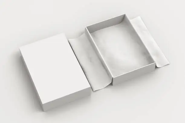 White open gift box mockup on white background with unfolded white wrapping paper. Box is rectangular and flat, cover of the box lies next. 3d illustration
