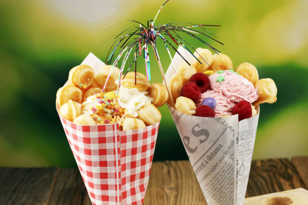 istock Hong Kong style egg waffle on wooden board. bubble waffle 1043219262