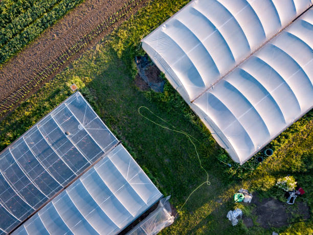 drone photographie aérienne d’une ferme bio centre ville prise au soleil fixé à londres. - batiment agricole photos et images de collection