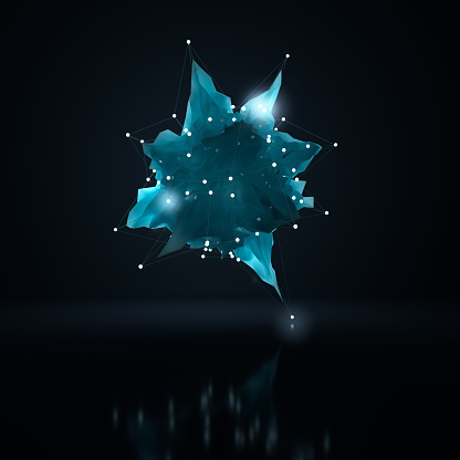 Abstract background of a glowing blue star shaped object floating above a dark shiny surface