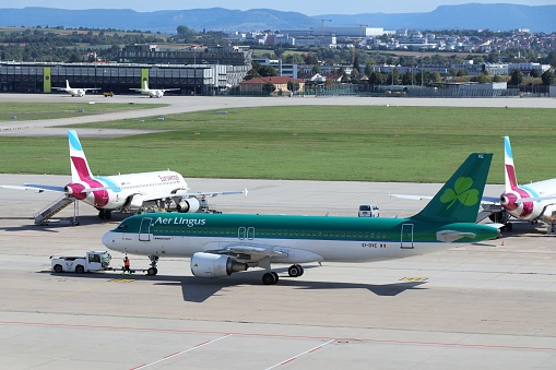 Stuttgart, Germany - September 8, 2018: An Airbus A320 of the Irish airline Aer Lingus is ready to take off from Stuttgart Airport.