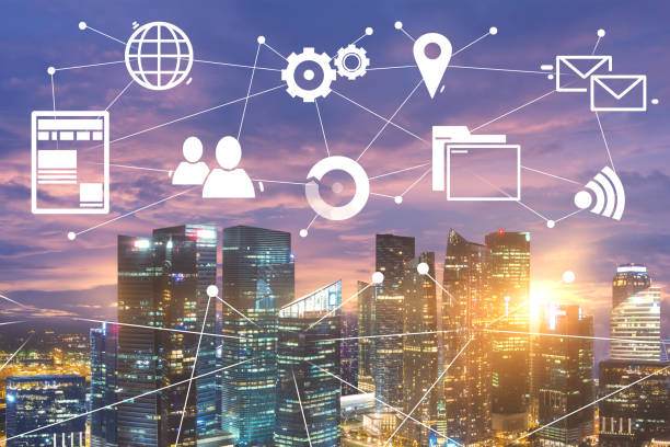 istock Business network glowing interface in city sky 1043254930