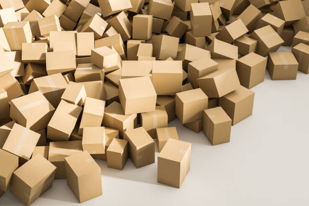 istock Pile of closed cardboard boxes on floor, top view 1043255374