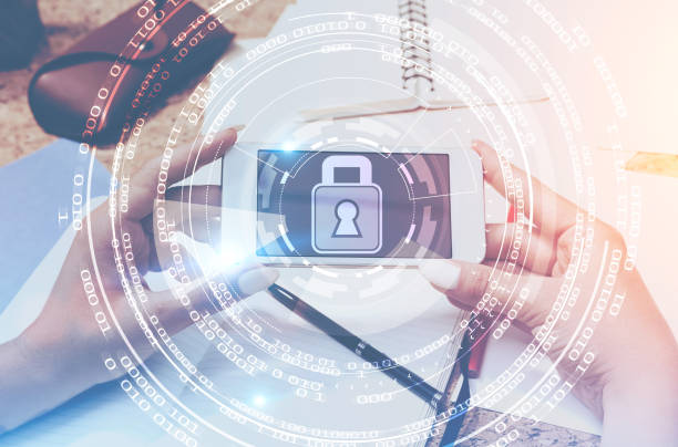 istock Woman hand with smartphone, digital security 1043257052