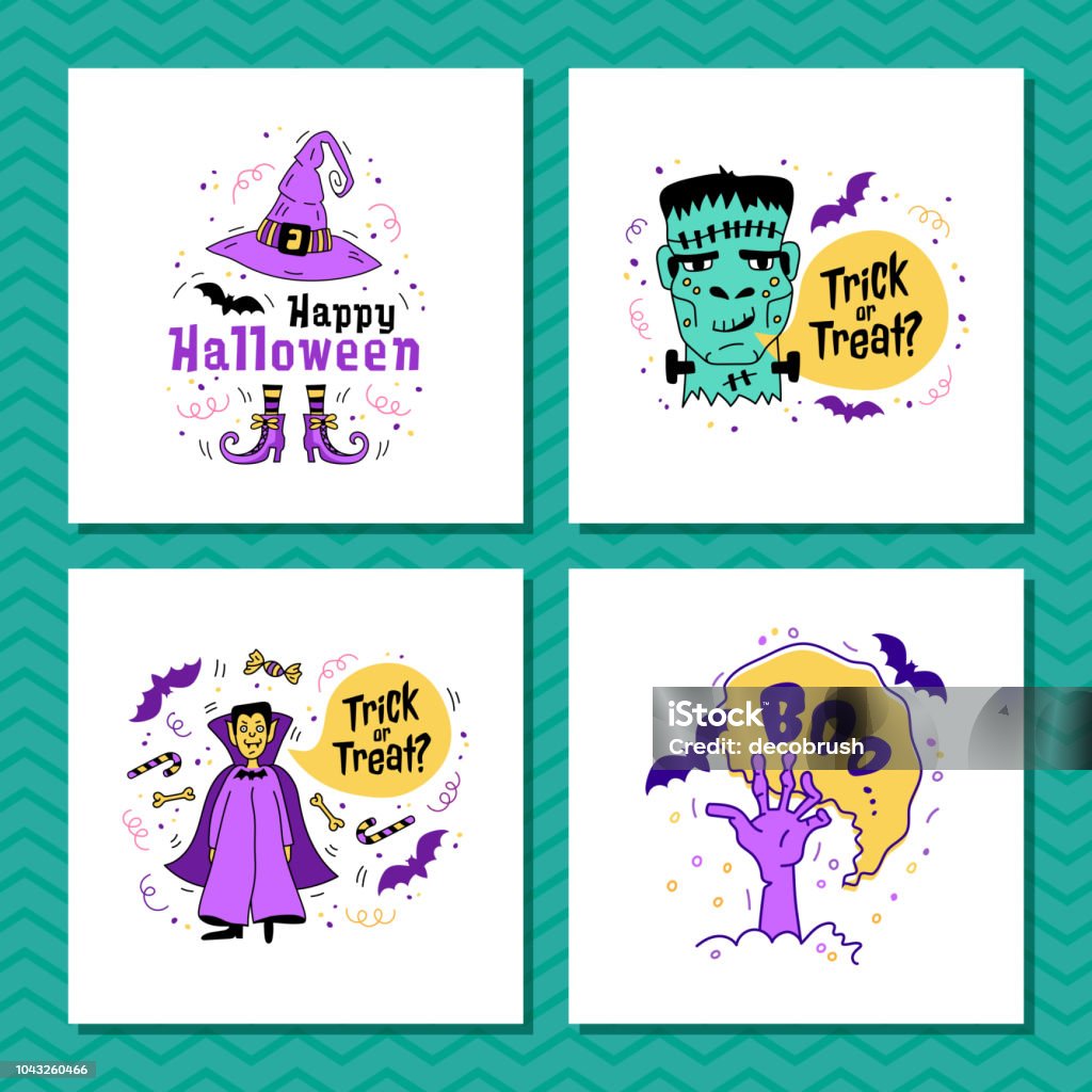 Set of greeting cards for Halloween. Trick or Treat inscription, Happy Halloween lettering. Halloween. doodle - Zombie, frankenstein, Dracula, Witch. Hand from the grave, bats. Vector Set of greeting cards for Halloween. Trick or Treat inscription, Happy Halloween lettering. Halloween. doodle - Zombie, Frankenstein, Dracula, Witch. Hand from the grave, bats. Vector illustration Count Dracula stock vector