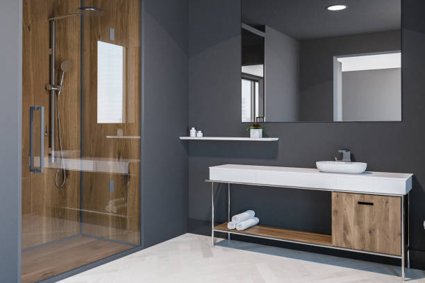 istock Gray Scandinavian bathroom corner, sink, shower 1043262626
