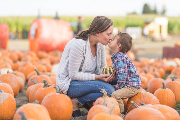 istock Mom and her little boy at the pumpkin patch 1043270496