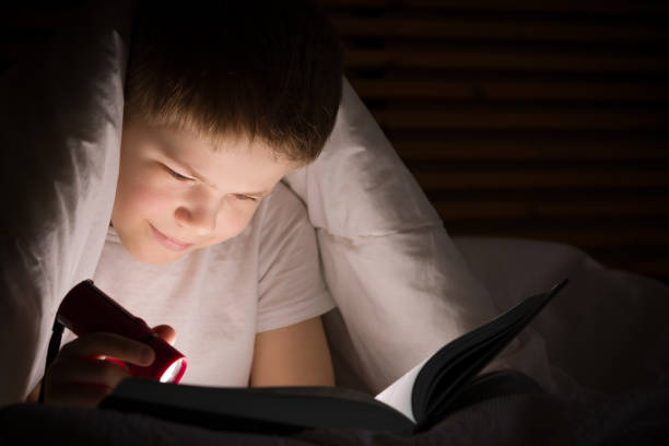 istock Small kid boy with a smile hiding under a blanket and reading a book with his flashlight in his bedroom at night. Enjoying learning and books. 1043281952