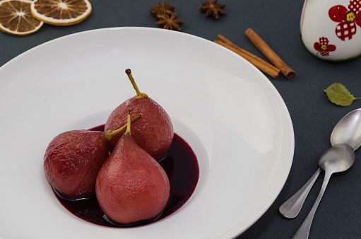 Poached pear in red wine