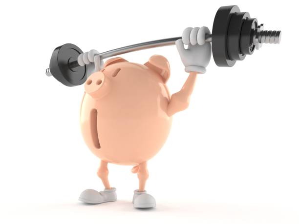 istock Piggy bank character lifting heavy barbell 1043288822