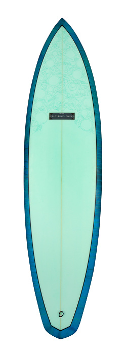 This is an overhead view of a classic surfboard shaped by Ian Thompson and designed Taylor Thompson