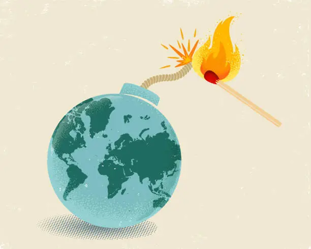 Vector illustration of Earth like bomb with mathch in fire.