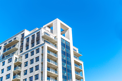 Modern condo buildings with huge windows in Montreal, Canada.