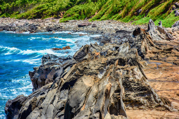 The rock formations caused when lava flows met the wind and sea along the west Maui coastline leaving jagged tooth-like pinnacles known as Dragon's Teeth on Makaluapuna Point.
