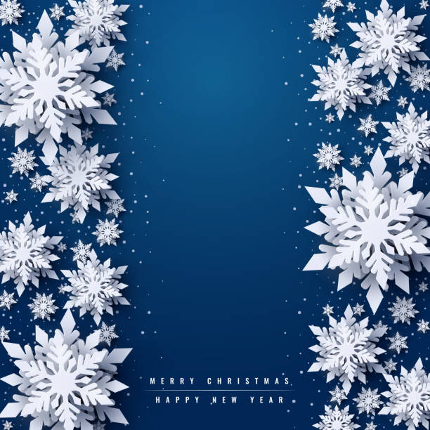 ilustrações, clipart, desenhos animados e ícones de bandeira de vector feliz natal e feliz ano novo - snowflake winter blue paper