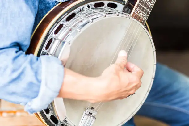 Closeup shot of a man's hand strumming on a banjo.