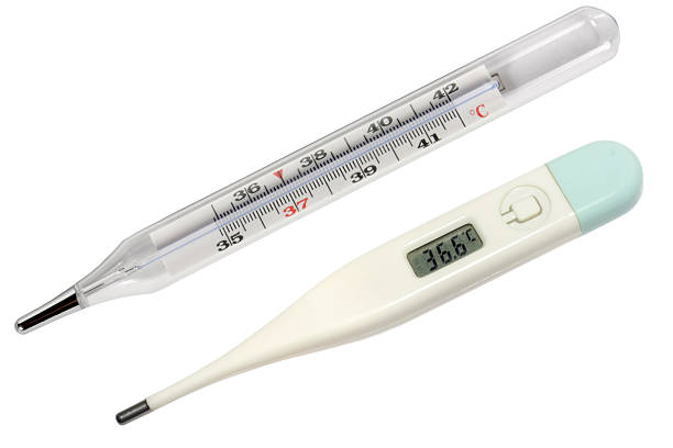 Two thermometers on a white background: electronic and mercury