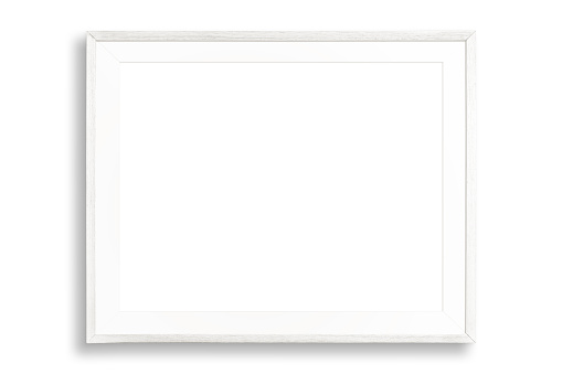 Blank white picture frame isolated on white background.