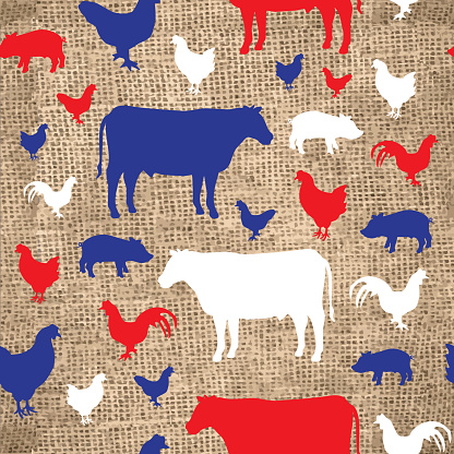 Seamless background with burlap and farm animal silhouettes