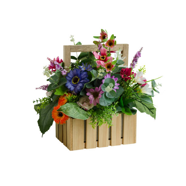 istock Colorful artificial flower basket decoration isolated on white with path 1043375618