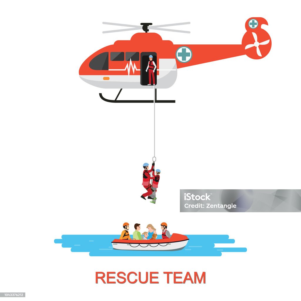 Rescue team with rescue helicopter and boat rescue . Rescue team with rescue helicopter and boat rescue in mission rescue at sea or flood, isolate on white, vector illustration. Helicopter stock vector