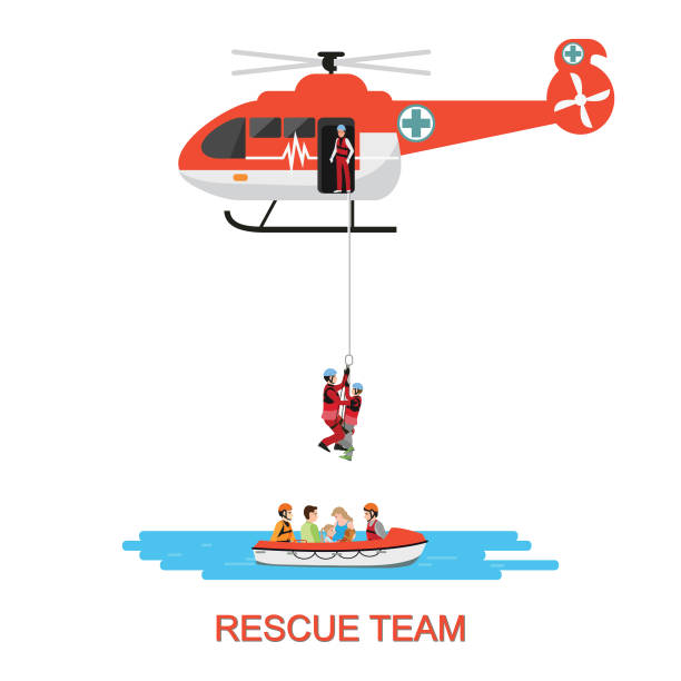 Rescue team with rescue helicopter and boat rescue . Rescue team with rescue helicopter and boat rescue in mission rescue at sea or flood, isolate on white, vector illustration. helicopter stock illustrations