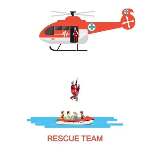 Vector illustration of Rescue team with rescue helicopter and boat rescue .