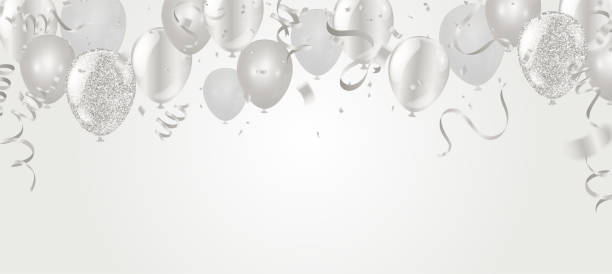 silber abbildung konfetti ballons und bänder flagge feier hintergrund vorlage typografie für karte, festliche plakat usw. gruß. - confetti balloon white background isolated stock-grafiken, -clipart, -cartoons und -symbole