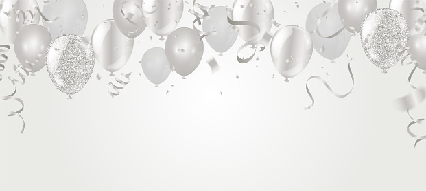 silver balloons illustration confetti and ribbons flag Celebration background template typography for greeting card, festive poster etc.