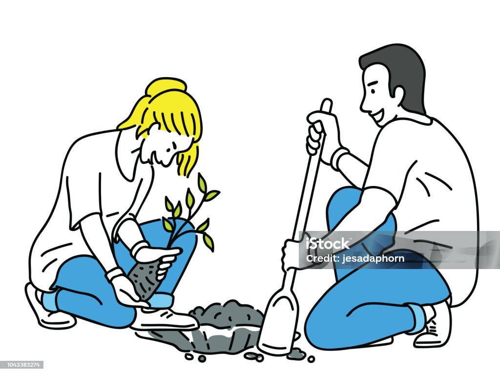 Volunteers planting tree Young volunteers, helping to plant sprout of tree in public social activity. Outline, linear, thin line art, hand drawn sketch design, simple style. People stock vector