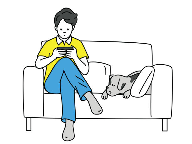 Man using smartphone on sofa Young man, using smartphone, looking at screen, playing game or watch media, sitting on sofa, with dog sleeping. Outline, linear, thin line art, hand drawn sketch. leisure games illustrations stock illustrations
